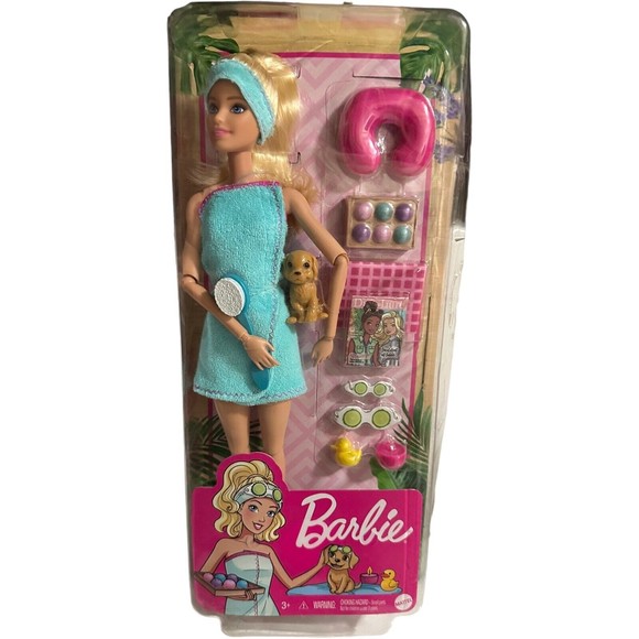 Barbie You Can Be Anything Spa With Puppy Blonde Girl Doll Blue Robe Mattel Toy - Picture 1 of 3